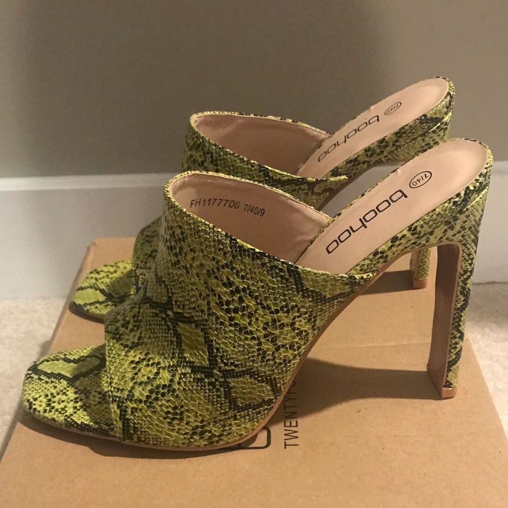 Neon Green Snake Print Mules